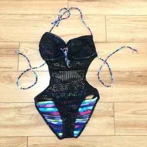 OP Ocean Pacific Bikini Size M Open Back Ties One Piece Mesh Black Tropical EEUC